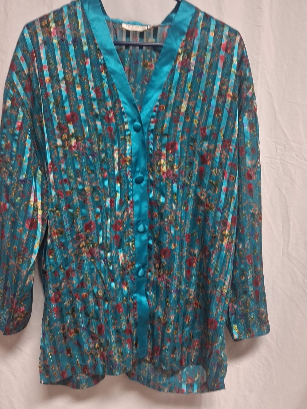 VTG Victoria's Secret Gold Label Teal Floral Satin Sleep Shirt Blouse Medium OS